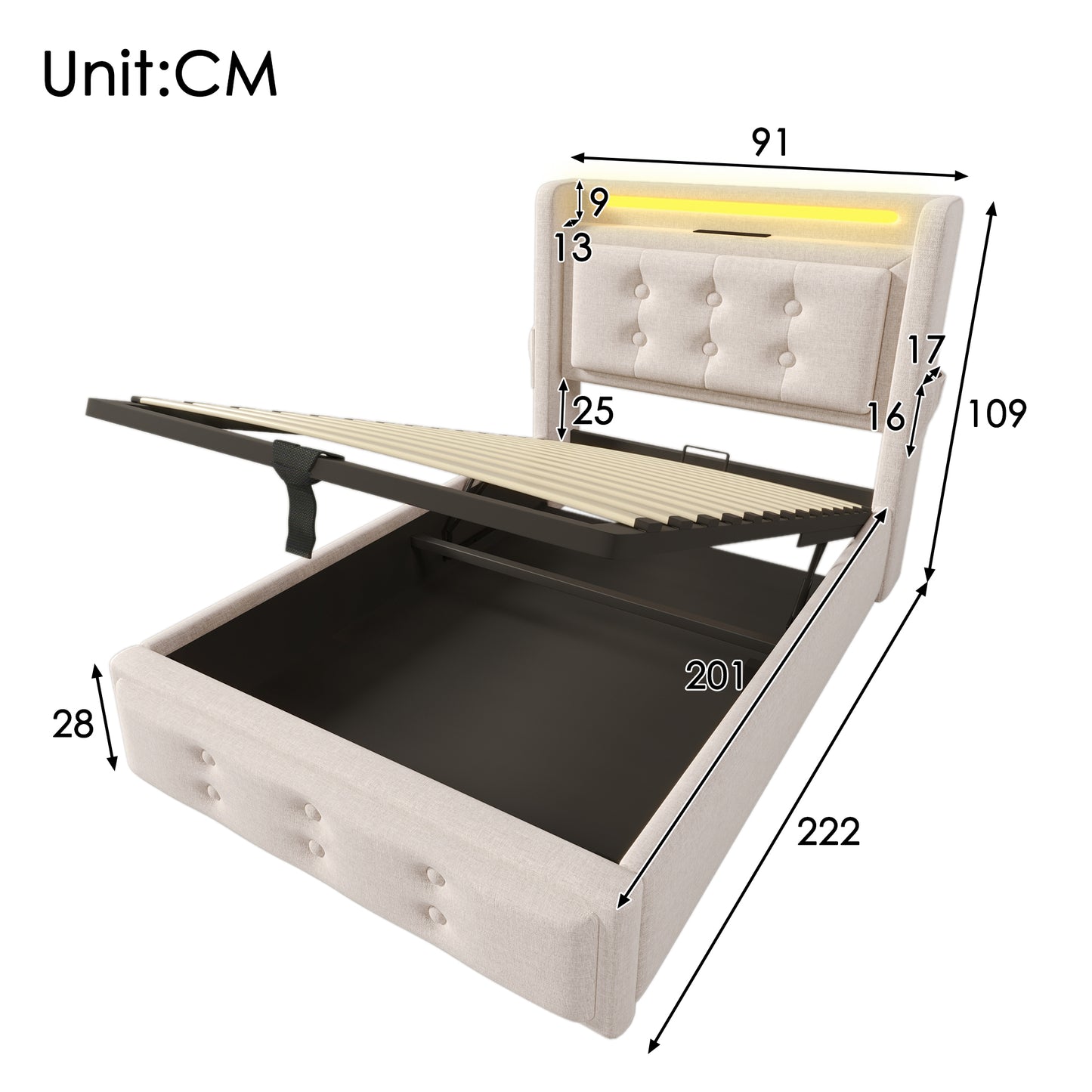 Upholstered Bed 90x200, Single Bed With LED Headboard And USB C Charging Function, Hydraulic Bed With Wooden Slatted Base And Metal Frame, Load Capacity 150 Kg, Beige,cotton Without Mattress