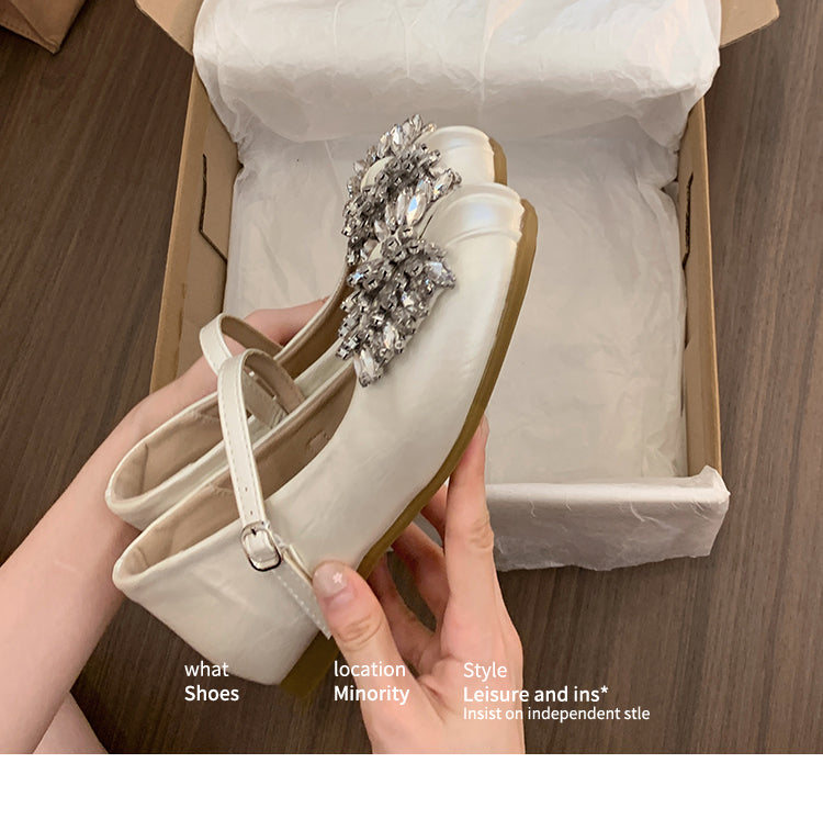 In Stock Women's Mary Jane Flats With Rhinestone Bows, 2026 New Spring Summer Gentle Evening Style Shallow Mouth Soft Sole Leather Shoes