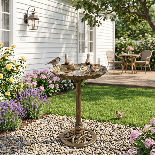 50x36x81cm Antique Bronze Resin Bird Bath With Shell Edge & 1.4W Solar Fountain