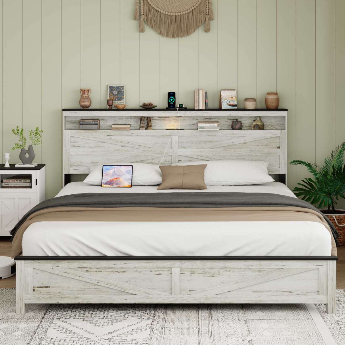 King Wood Bed Frame With Hidden Storage Headboard, Antique White & Gray
