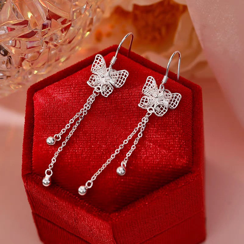 1 Pair 999 Sterling Silver Filigree Hollow Butterfly Long Tassel Drop Earrings, Elegant & Versatile, Perfect For Daily, Dating & Gifting, Ideal Valentine's Gift