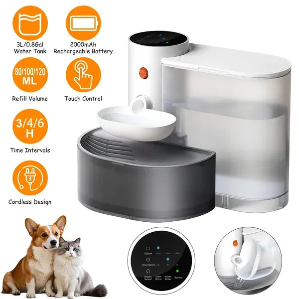 Smart Pet Water Fountain Automatic Cat Water Dispenser 3L&101OZ Cordless Rechargeable Dog Water Fountain Self-Refill With 3 Adjustable Volume 3 Time Intervals Touch Control