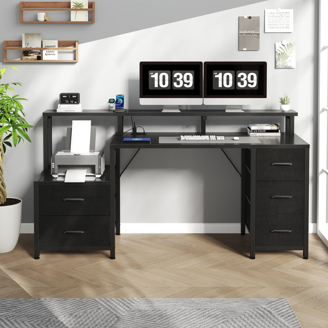 67-inch Computer Desk, Equipped With 5 Drawers And A Monitor Stand. The Gaming Table Comes With LED Lights And Power Sockets. The Printer Cabinet.