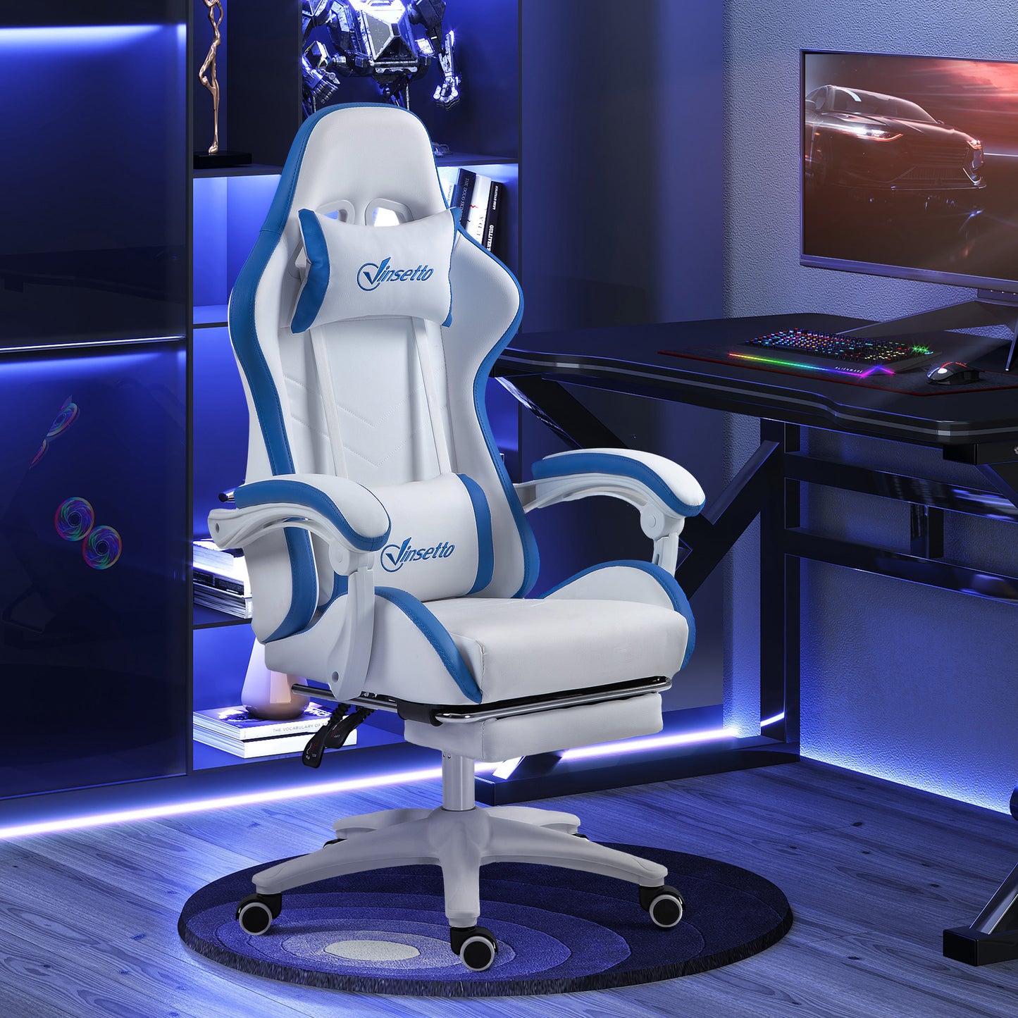 Vinsetto Computer Gaming Chair, PU Leather Office Desk Chair With Footrest, Swivel Wheels, 135° Reclining Back, Lumbar Support, Headrest For Home, White And Blue