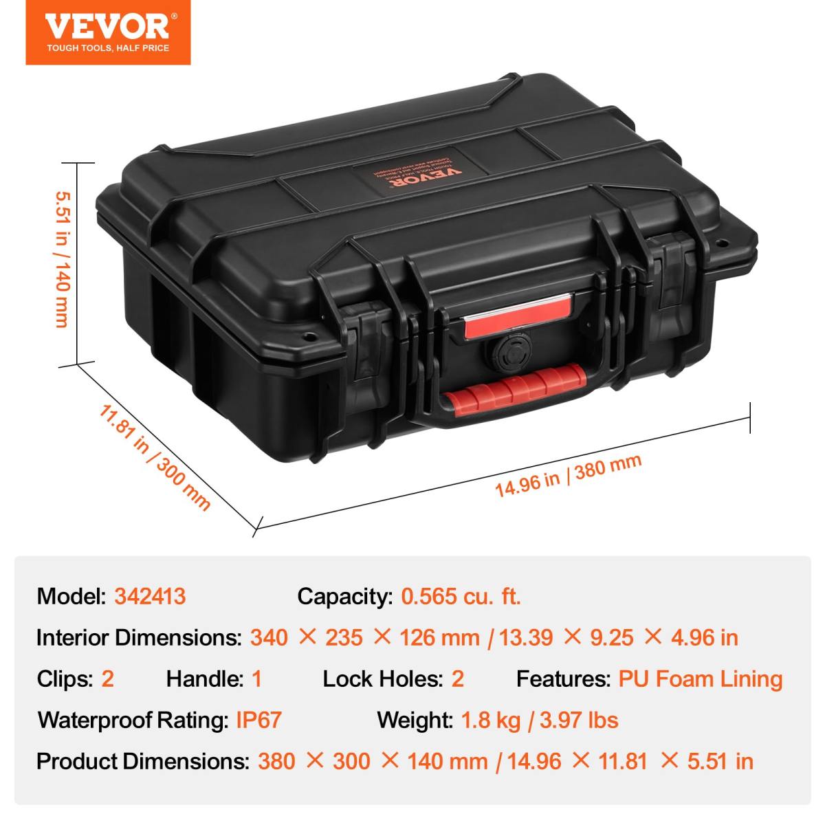 0.56 Cu.ft Weatherproof Hard Case With Handle Clips Padlock Holes PU Foam Protect Pistol, Microphone, And Camera Equipment
