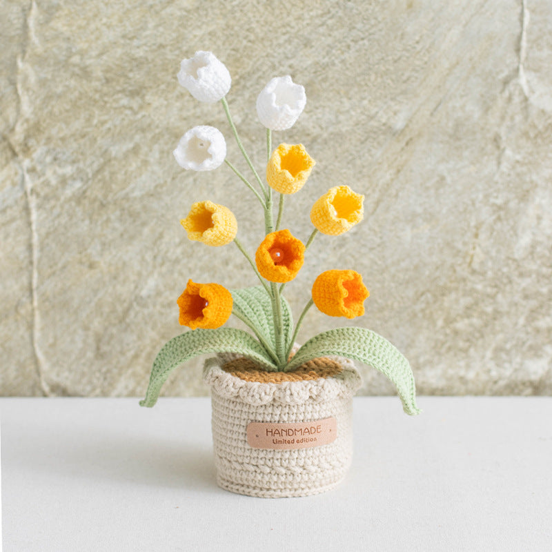 Hand Crocheted Lily Of The Valley Artificial Flowers  Potted Arrangement Decor For Indoor Table Living Room Bedroom