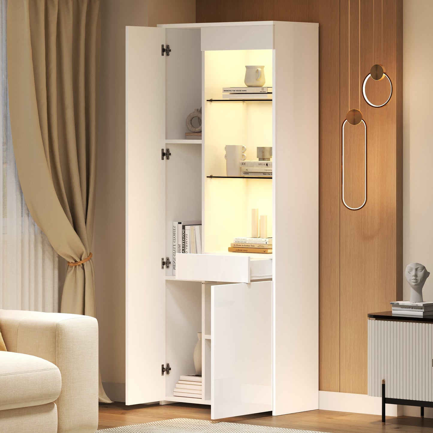 70x35x180cm Display Cabinet With Drawers, Display Case High Gloss, Glass Display Case With LED Lighting, Tall Cabinet, Highboard With Cabinet, Standing Display Case, Partition Wall Storage,