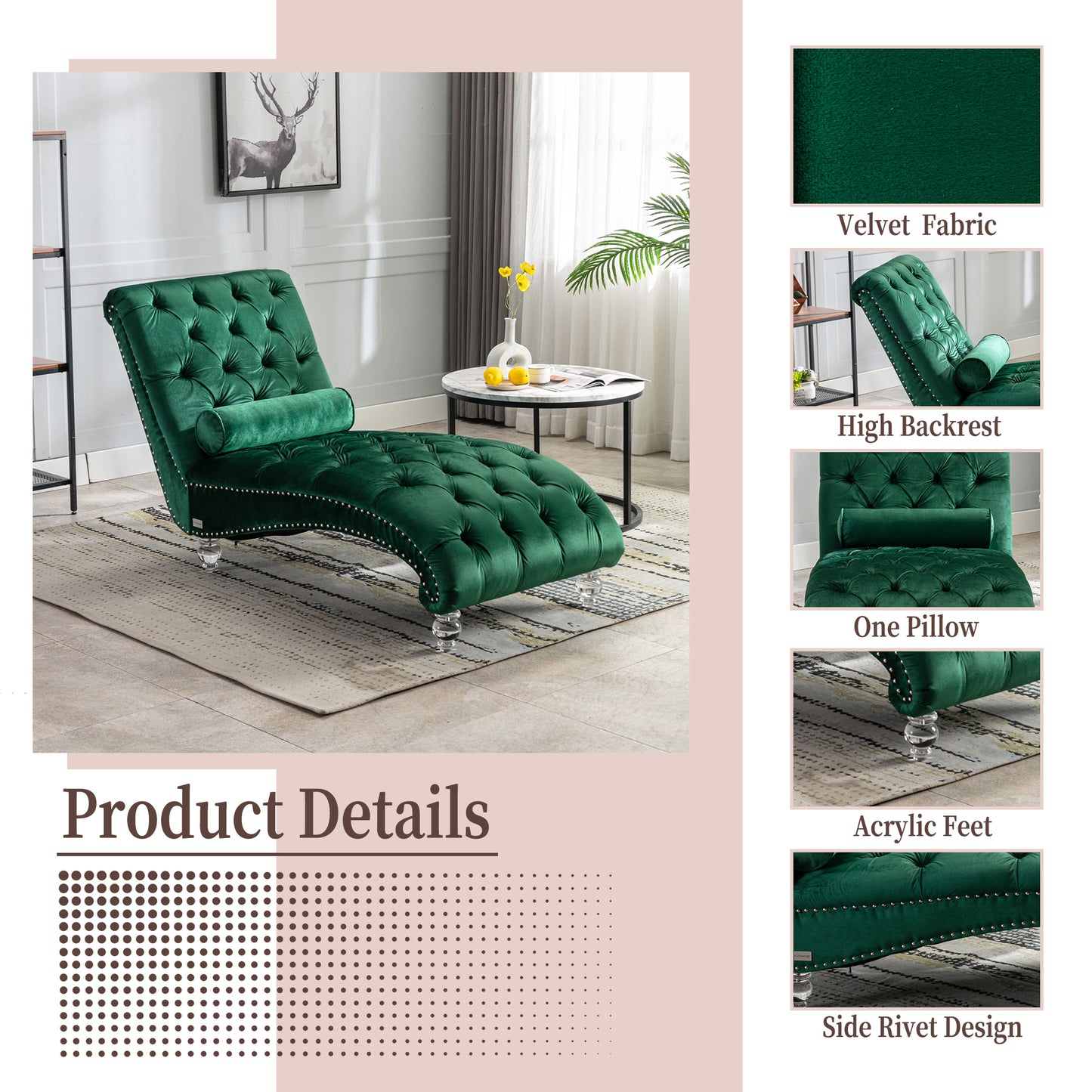 Velvet Chaise Lounge Indoor,Button-Tufted Upholstered Chaise Lounge Chair With Pillow For Bedroom Living Room Office  Emerald Velvet