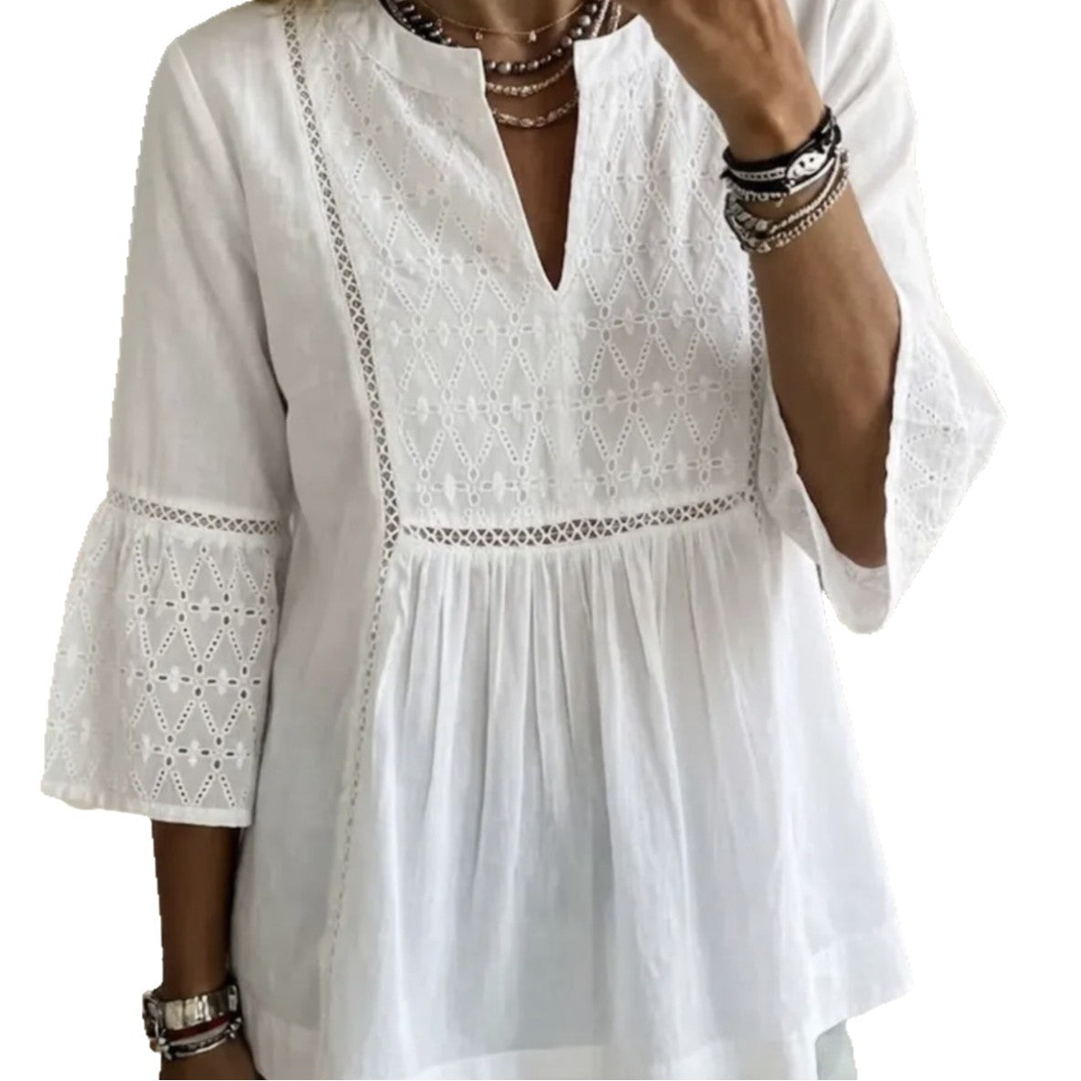 New V-neck Slit-panel Embroidered Three-quarter-sleeve Blouse
