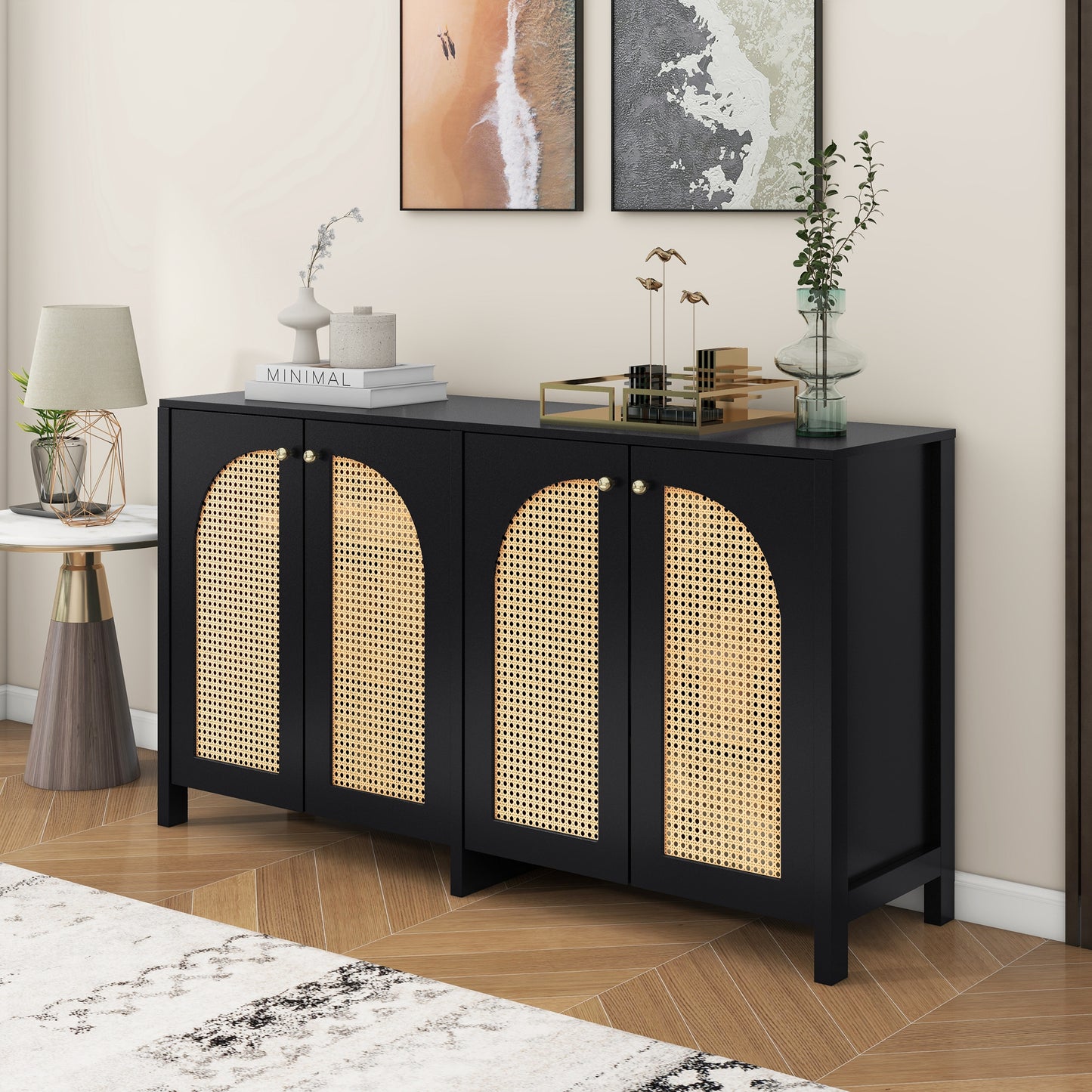 Modern Minimalist Style Sideboard 4 Rattan Door, Metal Handle Simple Buffet Cabinet For Dining Room, Living Room, Kitchen Black