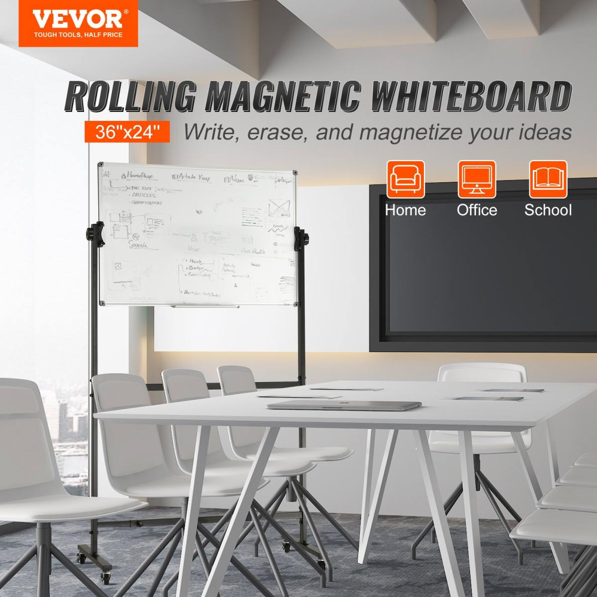 Rolling Magnetic Whiteboard, Double-sided Mobile Whiteboard 36x24 Inches, Adjustable Height Dry Erase Board With Wheels, 1 Magnetic Erase & 3 Dry Erase Markers & Movable Tray Office, School