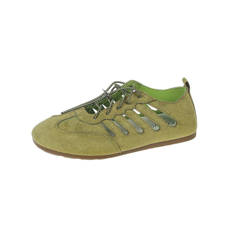 2026 New Women's French Hollow Breathable Hidden Platform Mary Janes, Round Toe Lace-Up Soft Flat Shallow Mouth Flats