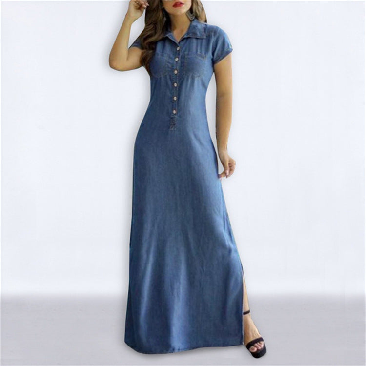 Women's Denim Look Turn Down Collar Short Sleeve Button Front Maxi Dress, Casual A-Line Long Dress For Daily & Office