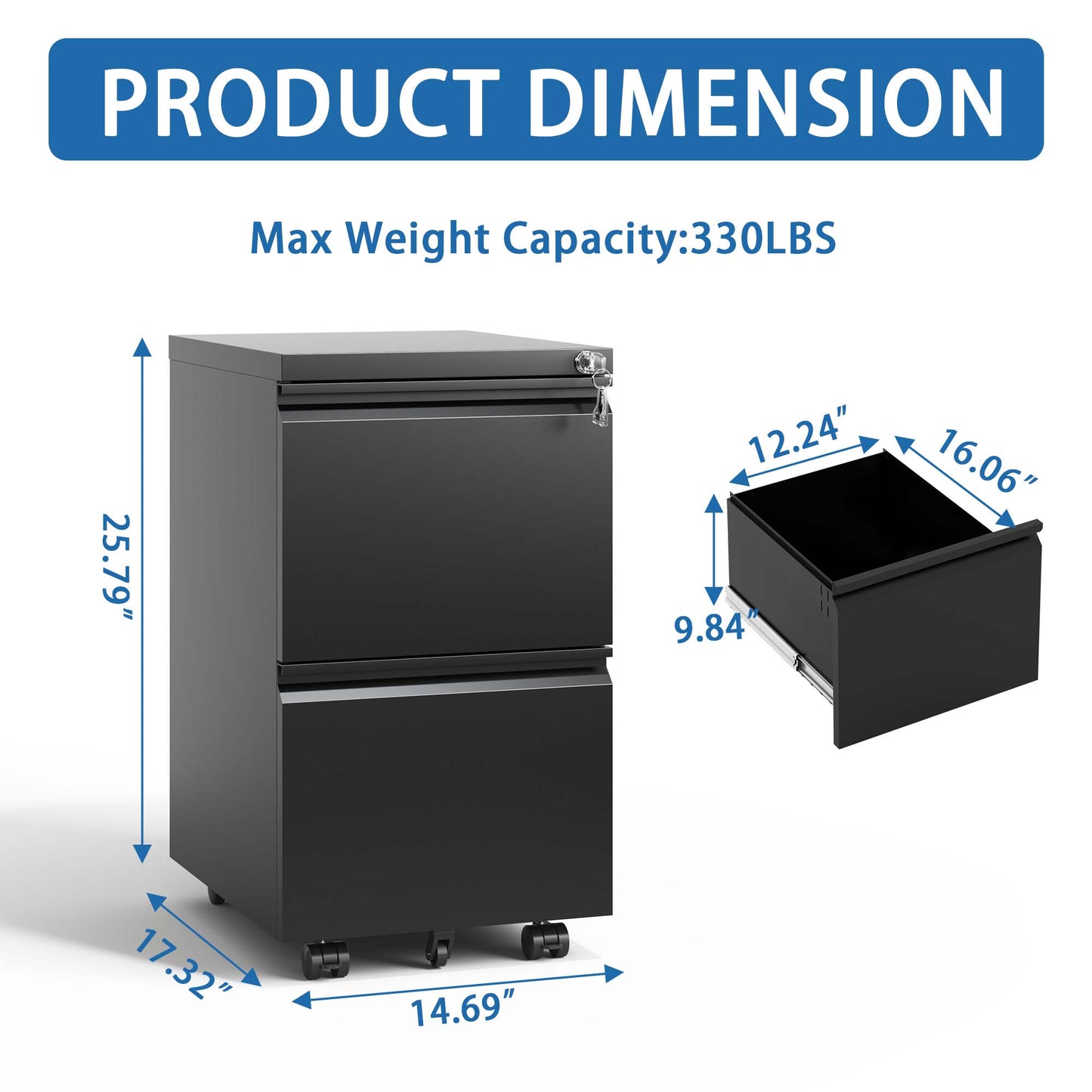 2 Drawer Metal  Mobile File Cabinet, Rolling File Cabinet With Lock For Hanging Legal Letter A4 Size,Fully Assembled Except Wheels