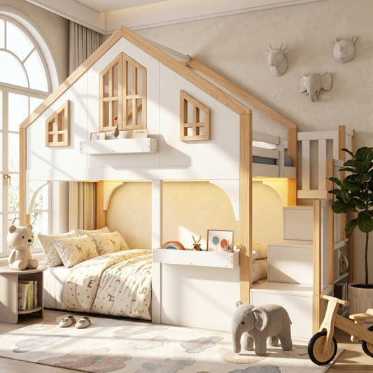 Bunk Bed, Loft Bed, Children's Bed, Wooden Bed, House Bed 3ft-90x190cm With LED Lighting And Storage Stairs, Window-shaped, White  Natural Color