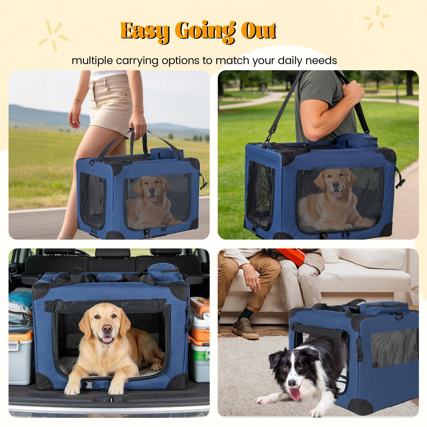 36   Soft Dog Crates Kennel, 3-Door Portable Folding Pet Carrier With Mesh Windows, Straps And Fleece Mat For Dogs, Cats, Rabbits, Meeting The Needs For Indoor, Outdoor, And Travel Use, Dark Blue
