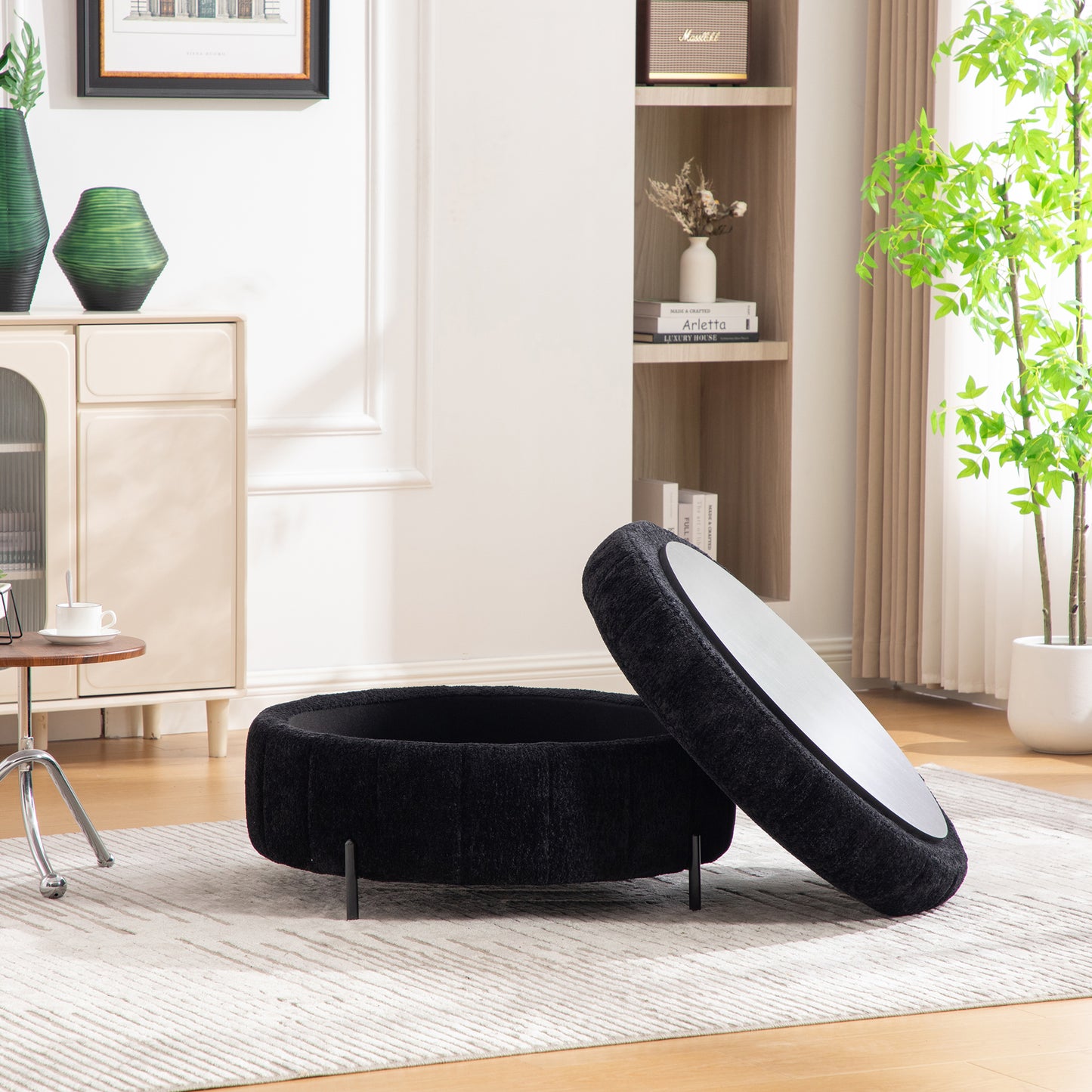 31.3 W Upholstered Round Ottoman With Reversible Lid, Chenille Storage Stool, Channel Tufted Pumpkin-shape Footstool For Living Room, Bedroom And Office, Black