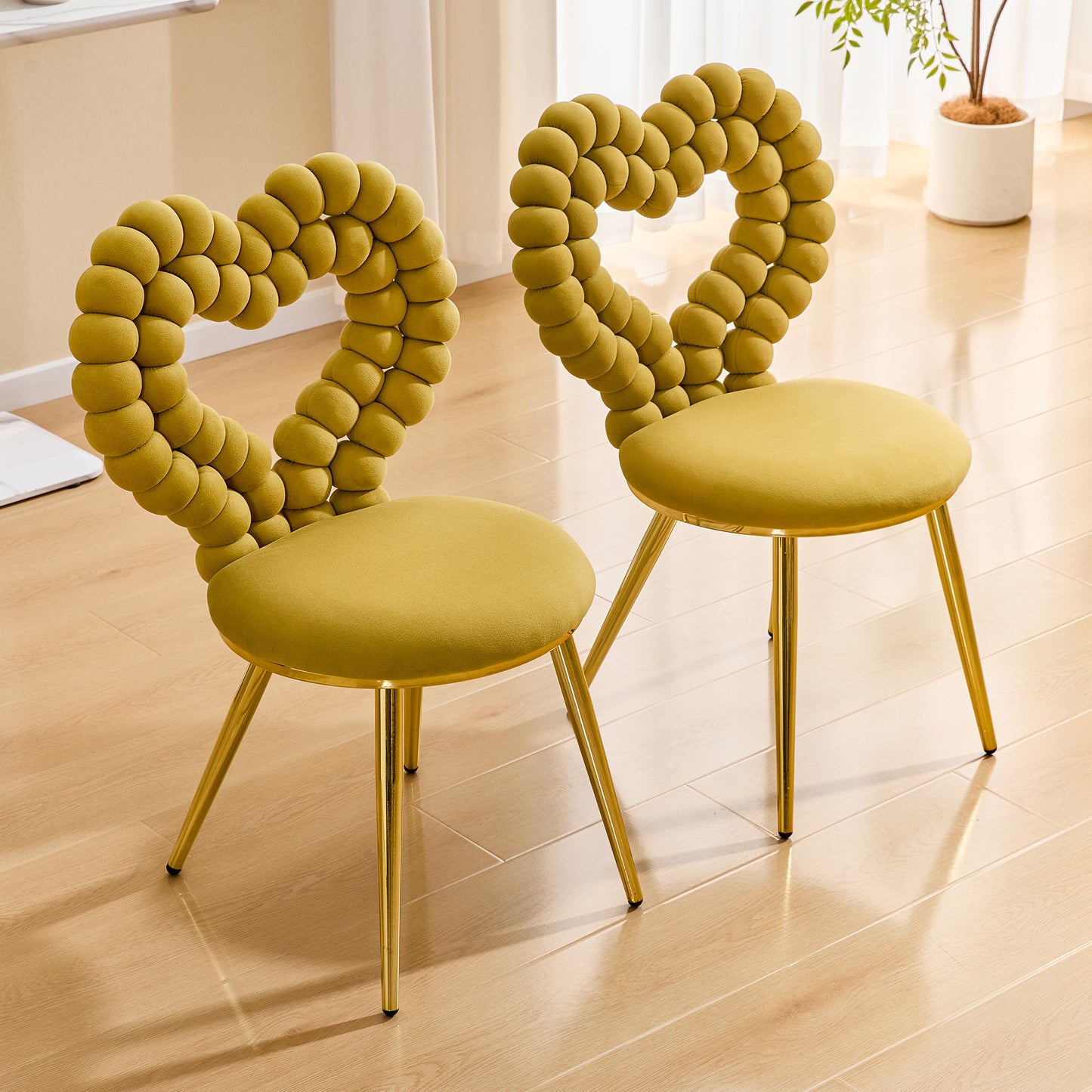 Set Of 2 Unique Heart Bubble Tufted Accent Chair,Yellow Plush Velvet Chair With Shiny Gold Metal Frame, Cute & Modern Seating For Home Decor