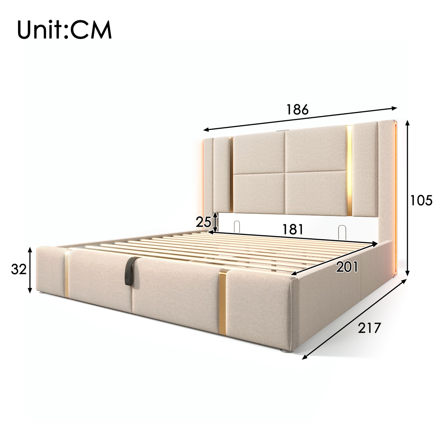 Upholstered Bed Double Bed USB Type C Charging Function APP-Control LED 180x200 Storage Beds Bed Frame, Wooden Slatted Frame, Beige Linen Material  Without Mattress