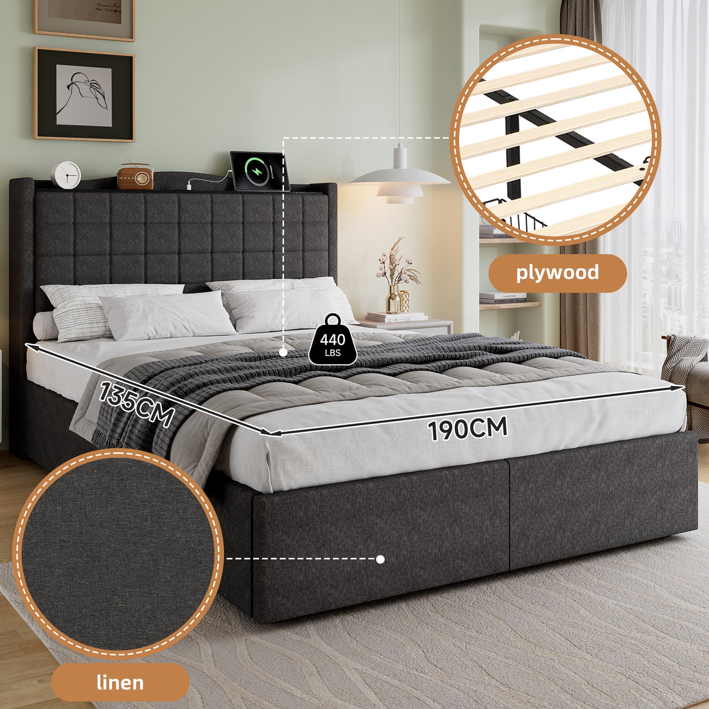 Upholstered Bed, 4ft6 Double Bed 135x190cm, Storage Bed, Soft Backrest, 4 Drawers With Pulleys, Metal Under-bed Bracket, With Bed Slats, Charging Port,For Adults & Teenagers, Linen, Grey   No Mattress