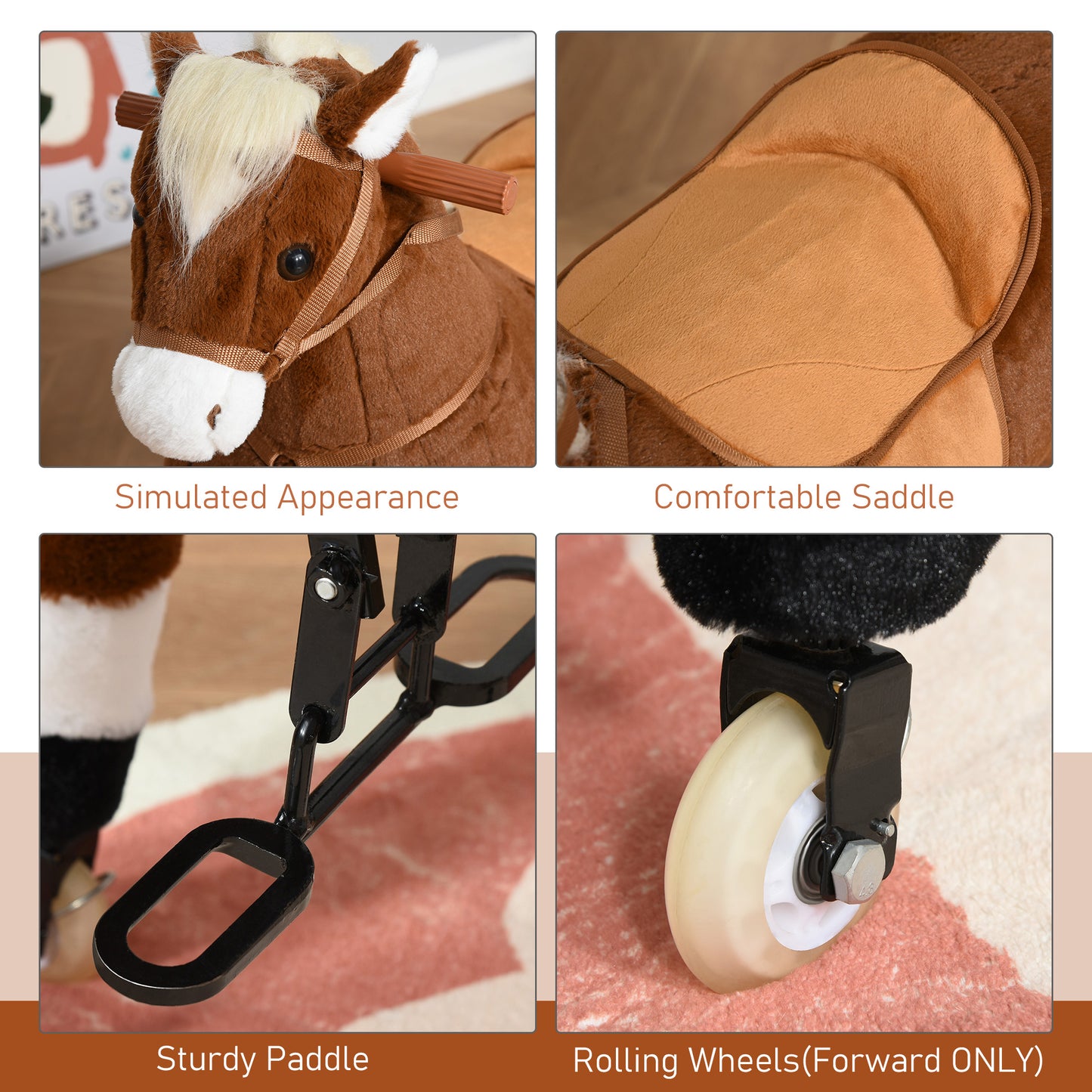 Kids Ride-on Walking Horse with Easy Rolling Wheels, Soft Huggable Body, & a Large Size for Kids 5-16 Years