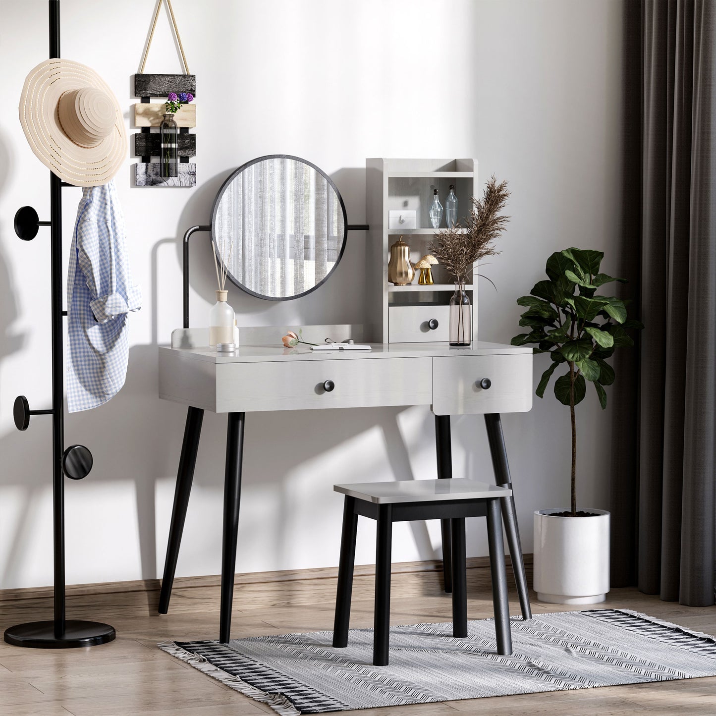 Dressing Table Set With Mirror And Stool, Vanity Makeup Table With 3 Drawers And Open Shelves For Bedroom, Living Room, Grey