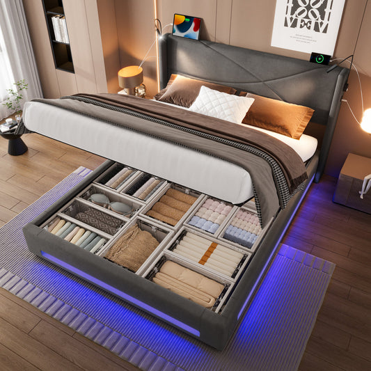 Modern Bed Frame With Integrated Reading Lamps, Ambient LED Lighting, Hydraulic LIft  With Storage Base, Sturdy Slatted Frame USB & Type-C Charging Ports, 150x200cm For Sweet Home,  Dark Gray