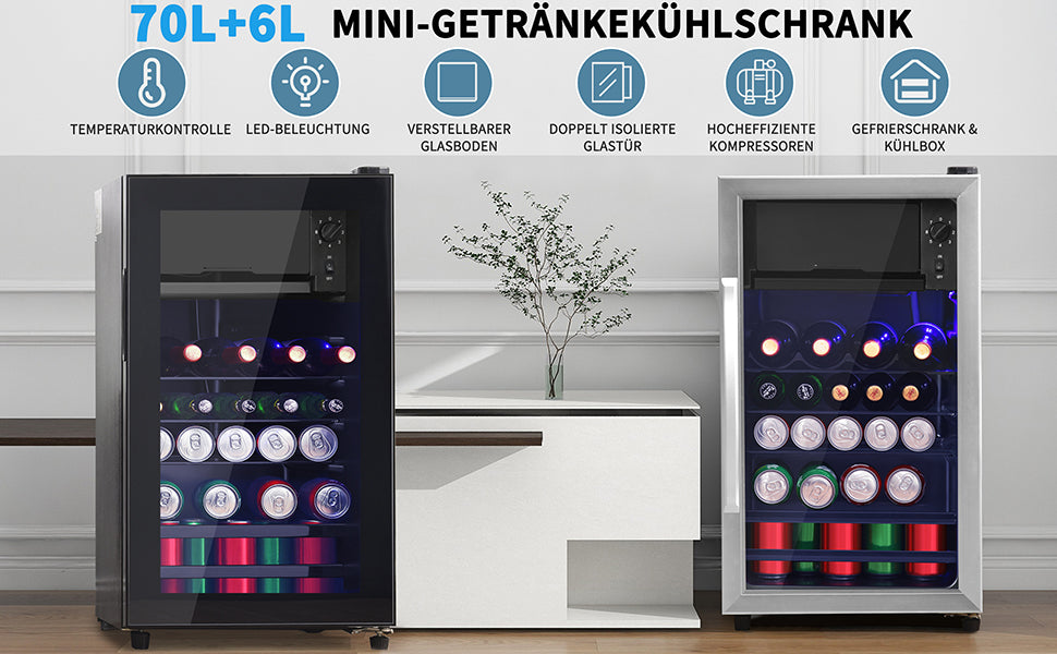 76LMini Refrigerator, 6L 70L For Ice, LED Light, Asst 51 Cans Of Lemonade, Water, Beer Or Wine. Low Noise Operation, Compressor Cooling System, Energy Efficient, Adjustable Shelves