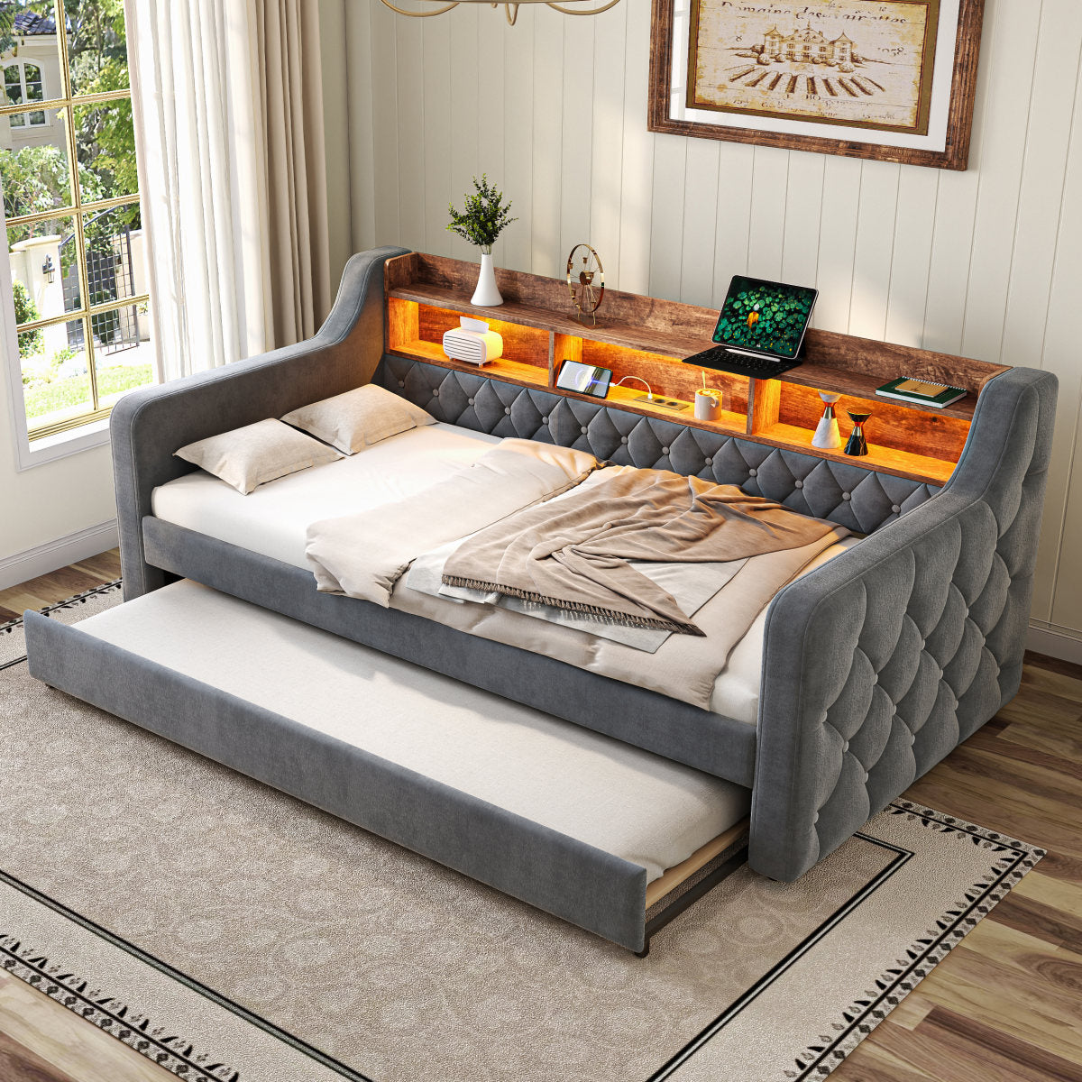 Space-saving Sofa Bed 90x190 Cm In Velvet With Storage, LED Ambiance & USB-C Port, 12 Slatted Frames & Sturdy Metal-Wood Frame  For Bedrooms, Guest Rooms, Or Youth Rooms. Gray