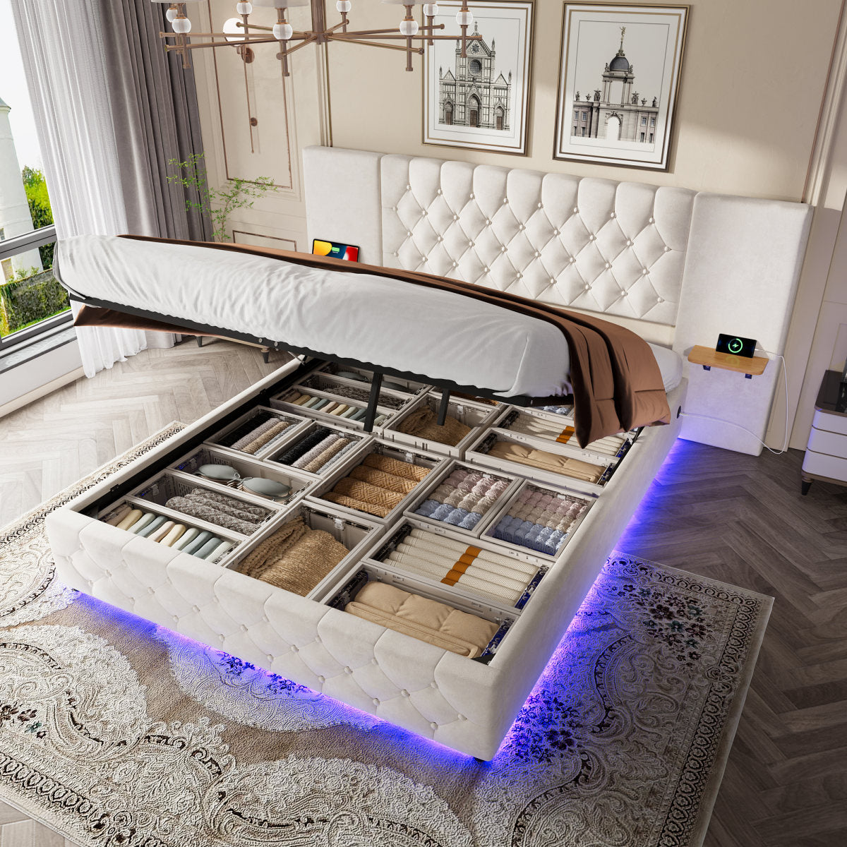 Modern 135x190 Bed Frame With Wide Headboard, LED Lighting, USB-C Ports, Hydraulic Lift System, And Large Under-Bed Storage & Storage Shelves  Ideal For Bedrooms And Comfortable Sleep, Beige