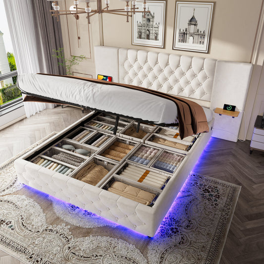 Modern 135x190 Bed Frame With Wide Headboard, LED Lighting, USB-C Ports, Hydraulic Lift System, And Large Under-Bed Storage & Storage Shelves  Ideal For Bedrooms And Comfortable Sleep, Beige