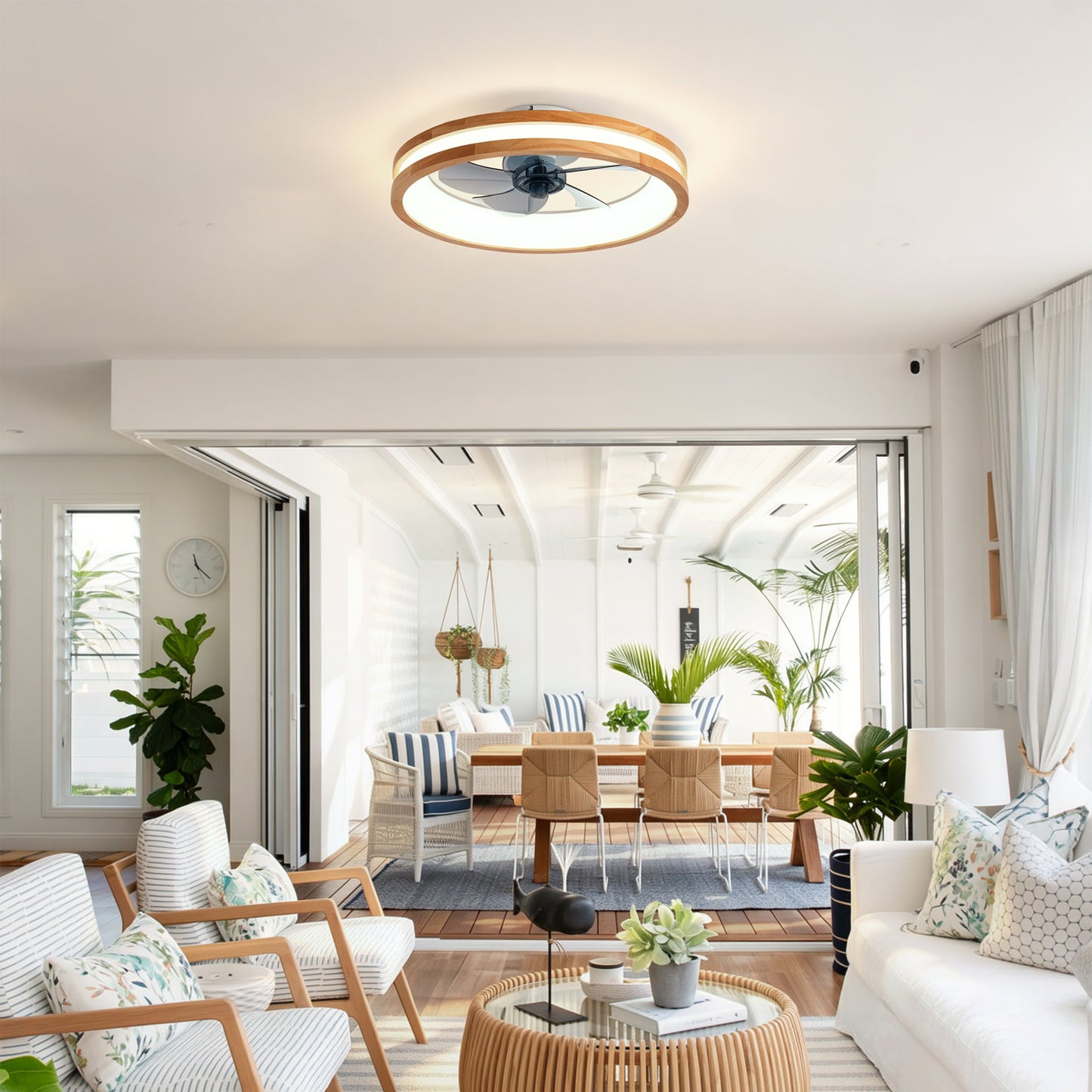 Ceiling Fans With Kit ,LED Light Source And Remote Control, 3000-6500K Dimmable Modern Flush Mount LED Fan Light, 6 Speeds, Quiet DC Motor For Living Room, Bedroom,Kitchen----Natural Wood   White