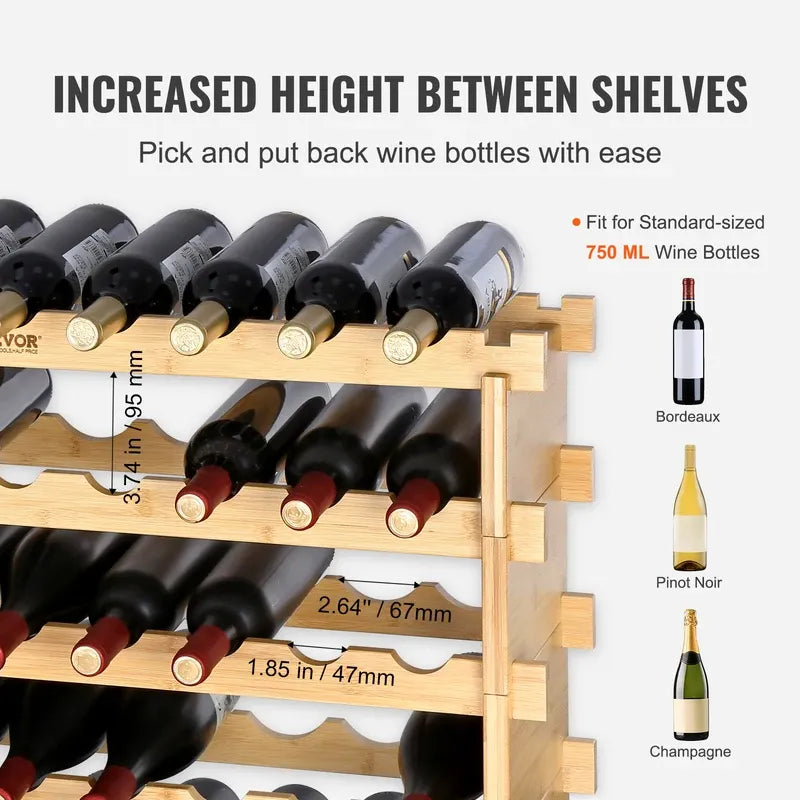 48 or 72 Bottle Stackable Modular Wine Rack, Free Standing Bamboo Storage Display Shelves for Cellar