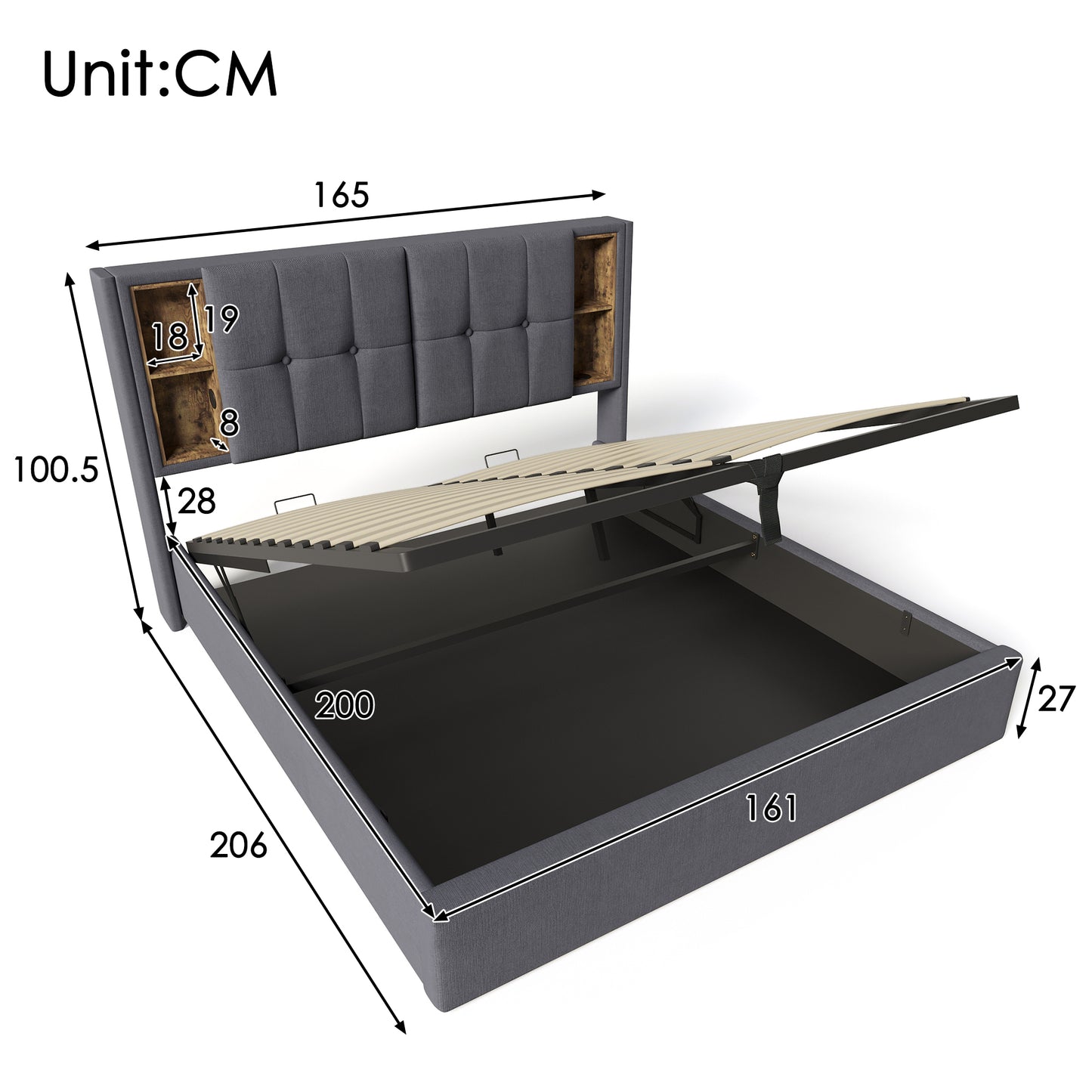 Double Bed With Wireless Charging USB C, Upholstered Bed Bed Frame 160x200cm, Bed Frame With Storage Slatted Frame Made Of Wood-grey Cotton  Without Mattress
