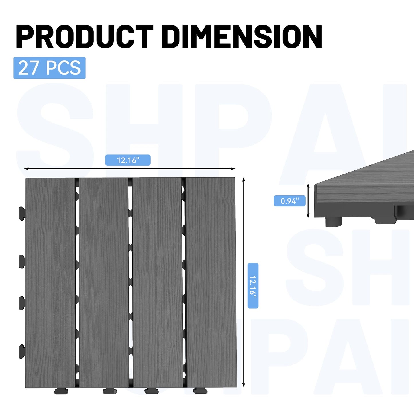 27 Pcs Interlocking Deck Tiles, 12   X 12   HDPE Outdoor Flooring, Patio Flooring Outdoor Waterproof, Deck Tiles Outdoor Waterproof For Deck Garden Poolside, All Weather Use -Dark Grey