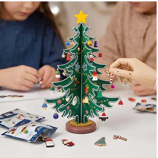 DIY Christmas Tree Decoration Set With 24 Pieces: 1 Wooden Tree Ornament & Colorful Plastic Ornaments—Party Supplies Set
