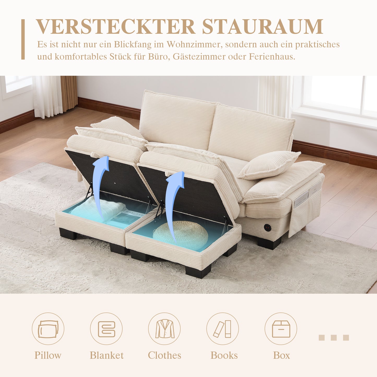Modular 2-seater Corduroy Sofa  With 2 Stools  Wide Seat, Ergonomic Design, High-density Foam Padding, USB-C Port And Side Pockets. Ideal For Living Room, Office Or Lounge