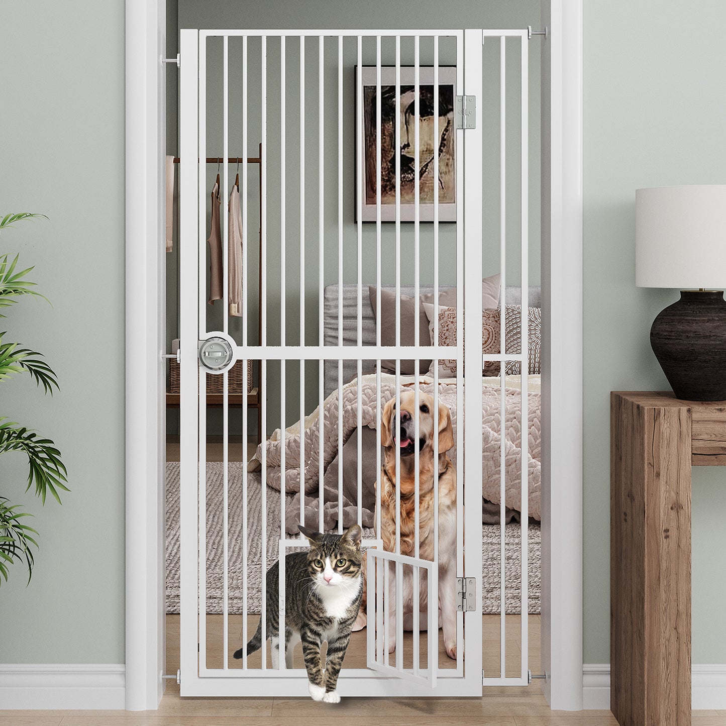 61  Extra Tall Cat Gate For Doorway , Adjustable Wide 34.3 -36.7  And Included 4.13  Extension Kits, Suitable For Doorways Or Kitchen, No Drilling Pressure Mount Kit, White