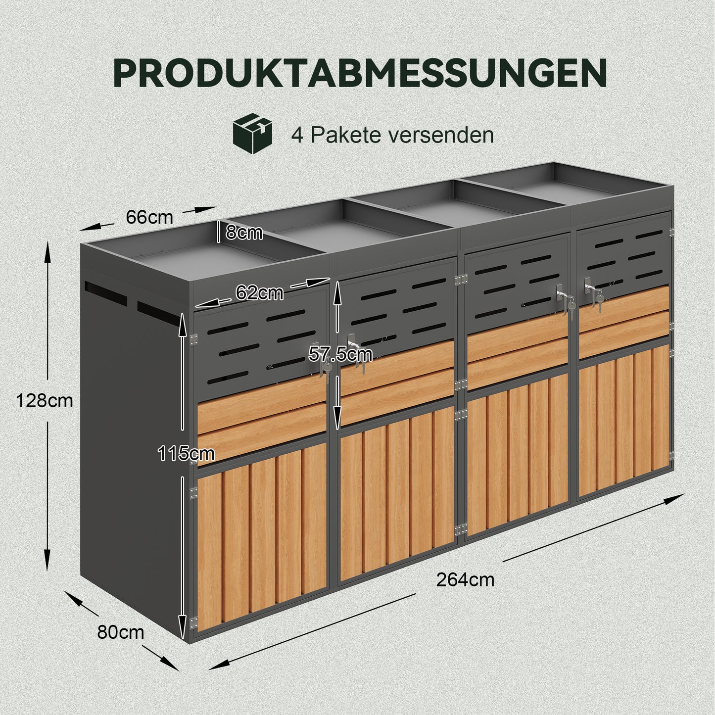 Multifunctional Outdoor Cabinet With Integrated Plant Box, Slat Ventilation, Four Separate Compartments, Galvanized Steel Frame And Safety Chain  For Storage & Garden Decoration  Without Waste Bin