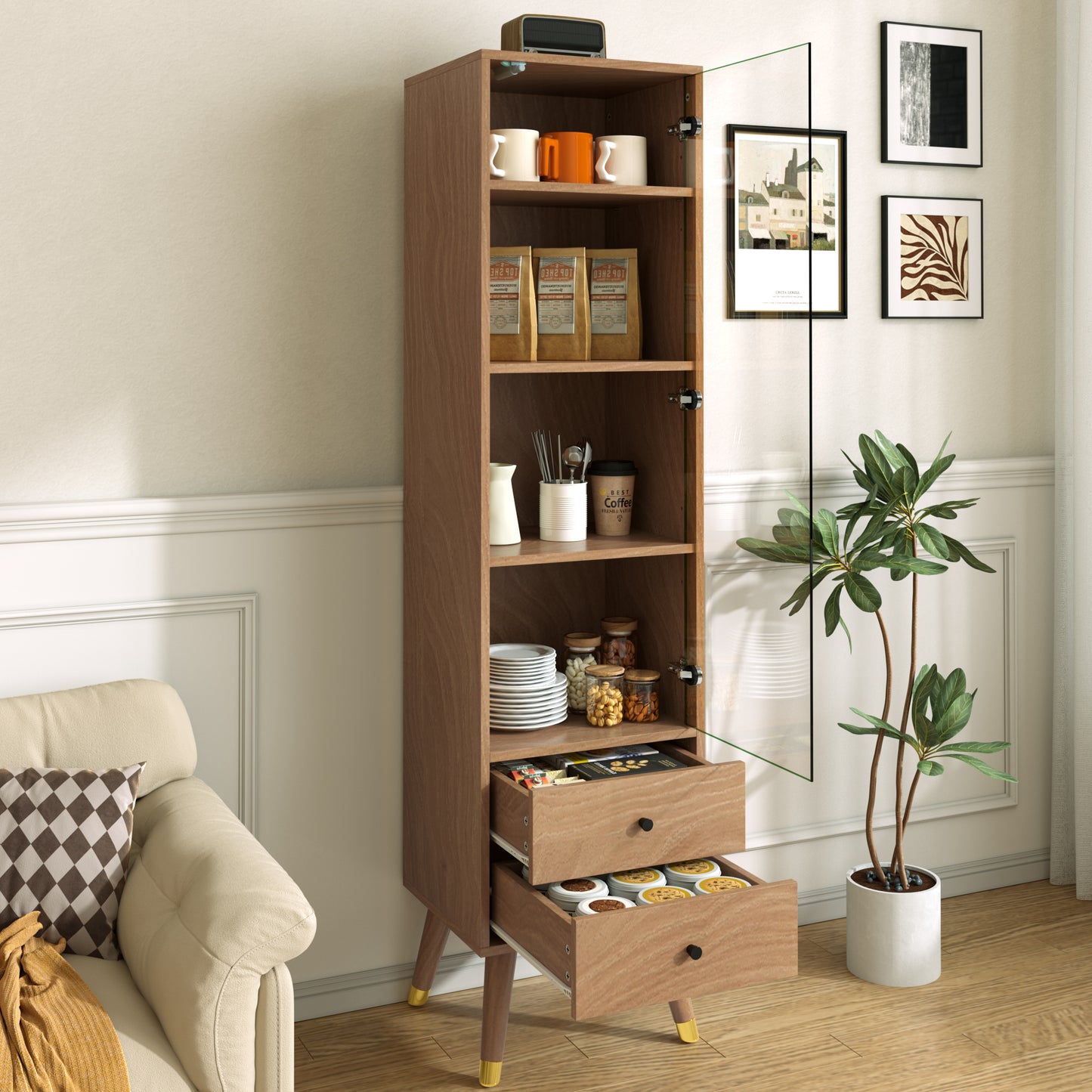 Modern Tall Cabinet With Glass Door, Display Cabinet With Adjustable Shelves And 2 Drawers, Floor-standing Cabinet For Living Room, Bathroom & Office In Wood Look