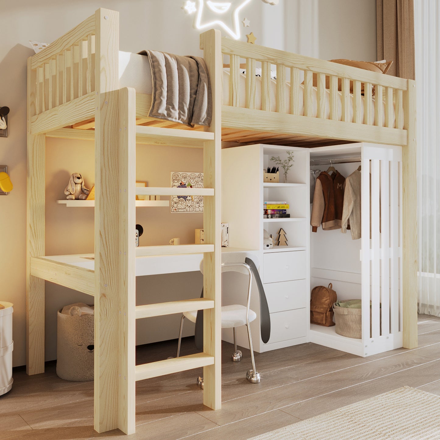 Loft Bed, 90x200cm , Desk, Wardrobe, 3 Drawers, Open Storage Space, Railing, Stairs, Without Mattress, Natural