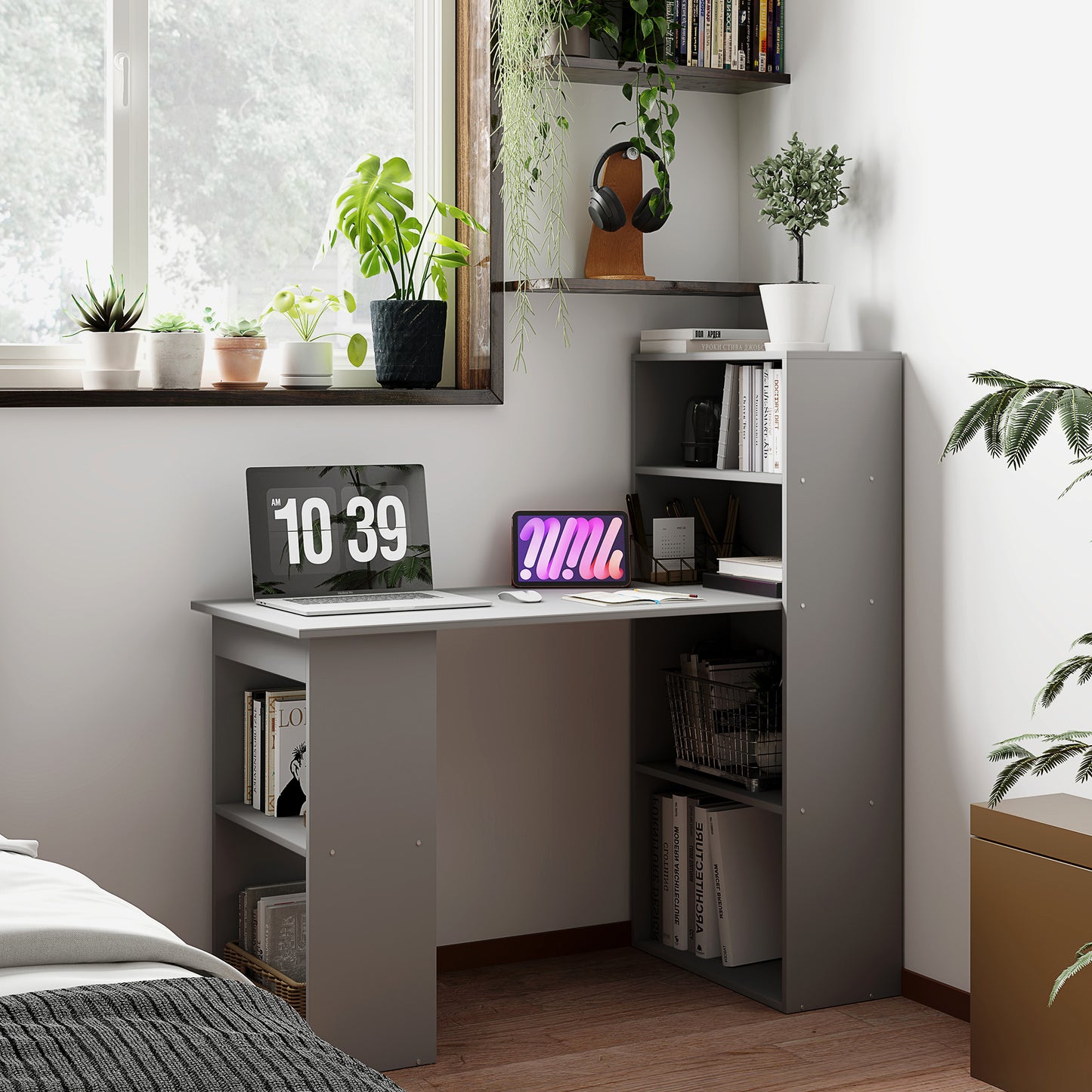 Compact Computer Desk With 6-Tier Storage Shelves, Writing Table Workstation With Bookshelf For Home Office, Gray