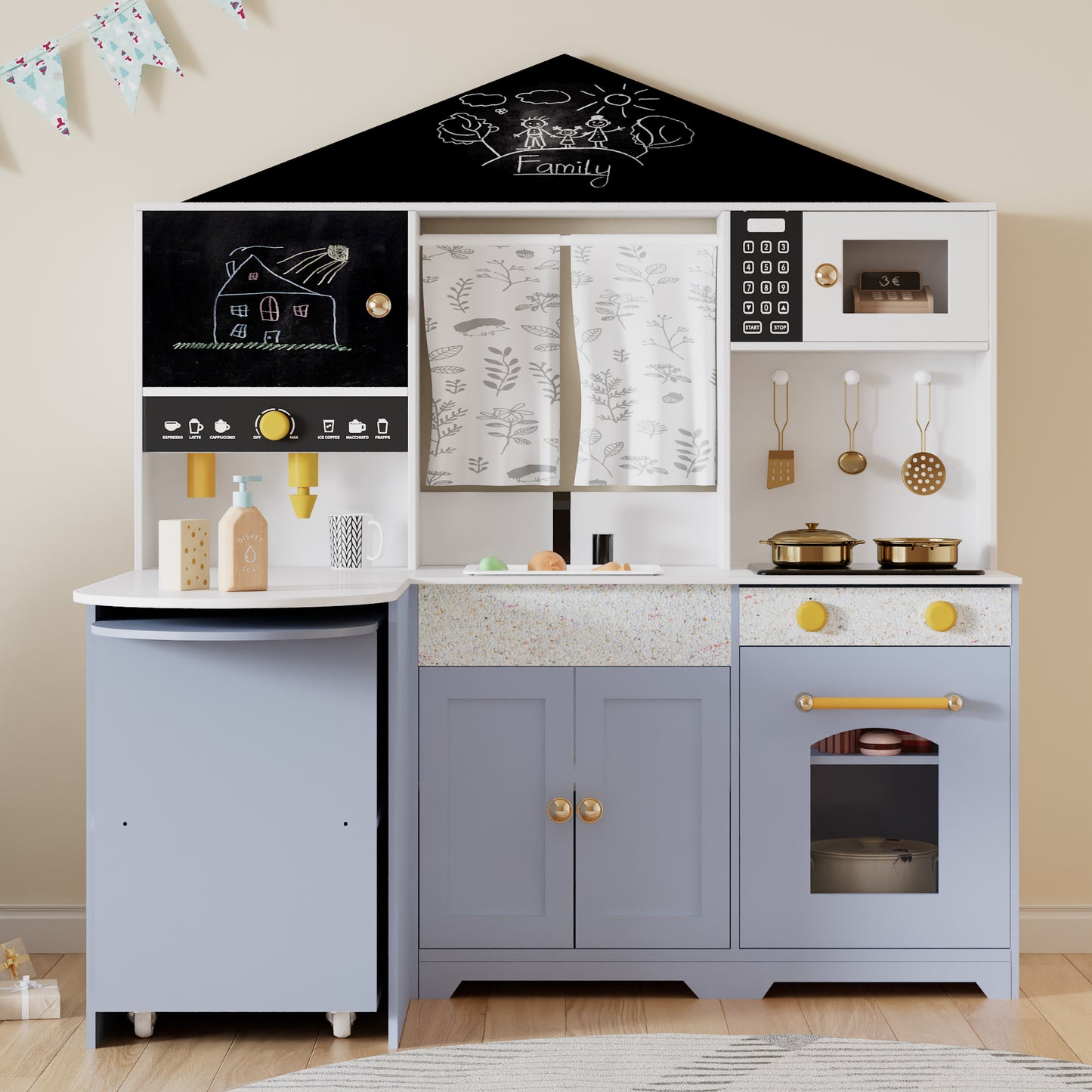 Children's Kitchen, Play Kitchen - Creative House Design, Accessories And Surprise Effects, Suitable For Children Aged 3 And Up, Wood  Plastic, White  Purple, 60x90x105cm