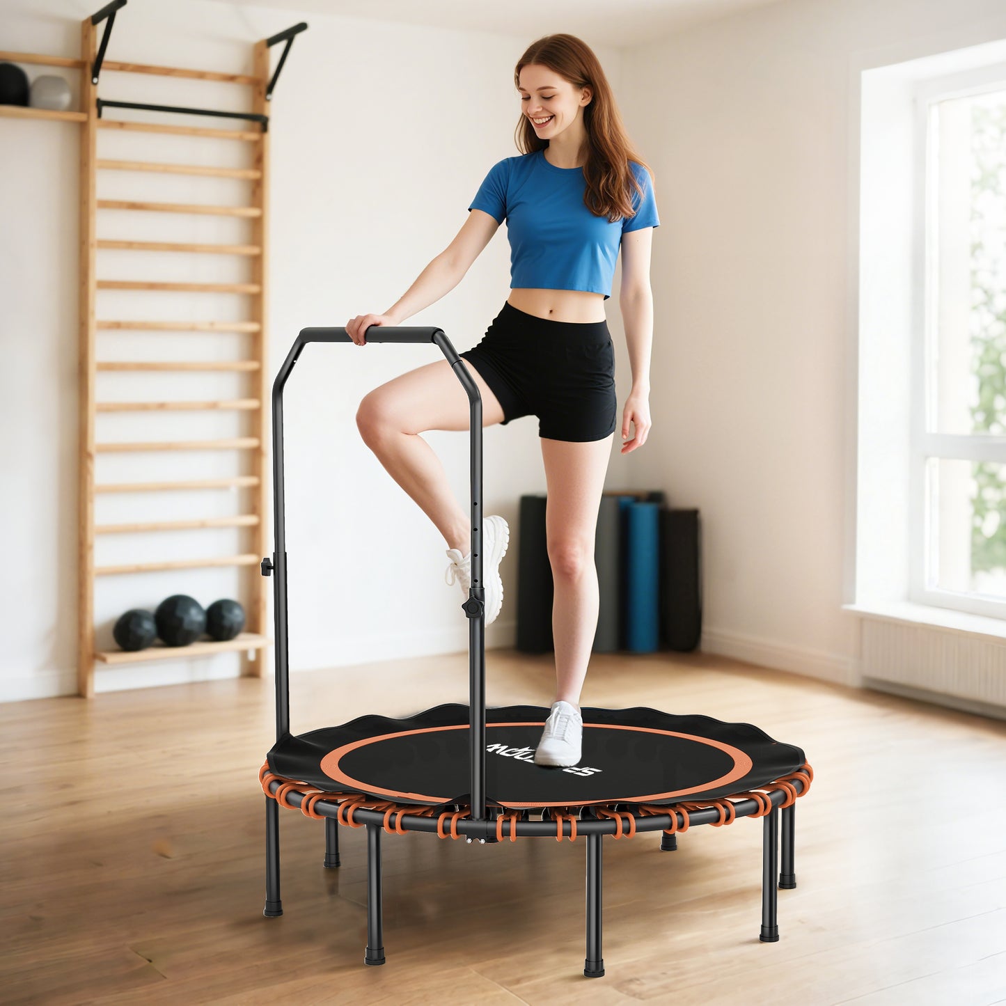 Fitness-Trampolin Mit Verstellbarem Handlauf, Sport-Trampolin Für Drinnen Und Draußen, Stahl, Kunststoff, Orange