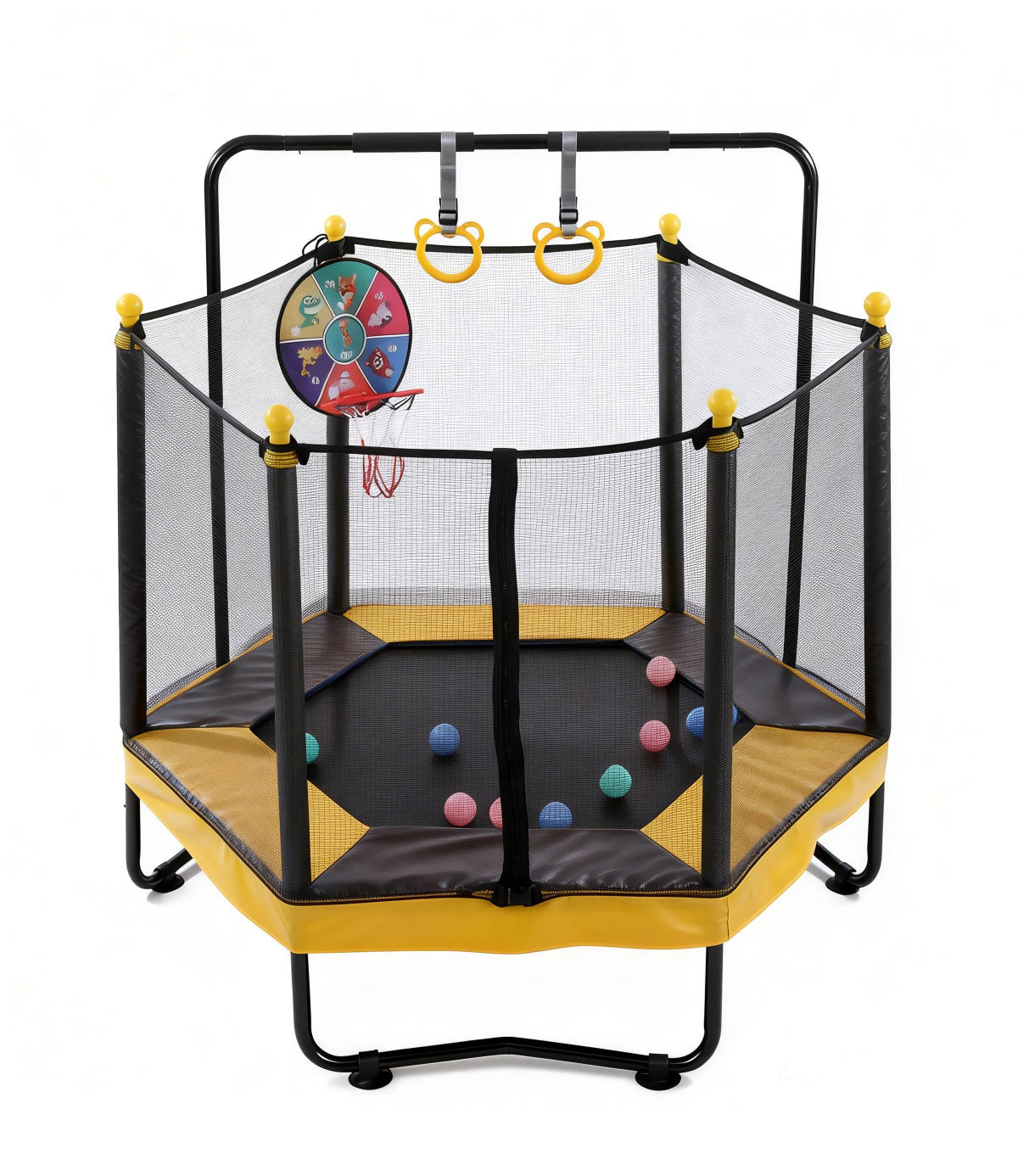 54 Inch Trampoline For Kids With Enclosure, Indoor & Outdoor Toddler Trampoline With Adjustable Gymnastics Bar , Ring ,Basketball Hoop , Boxing Bag And Ocean Ball ,Toys For Age 1-8 Years