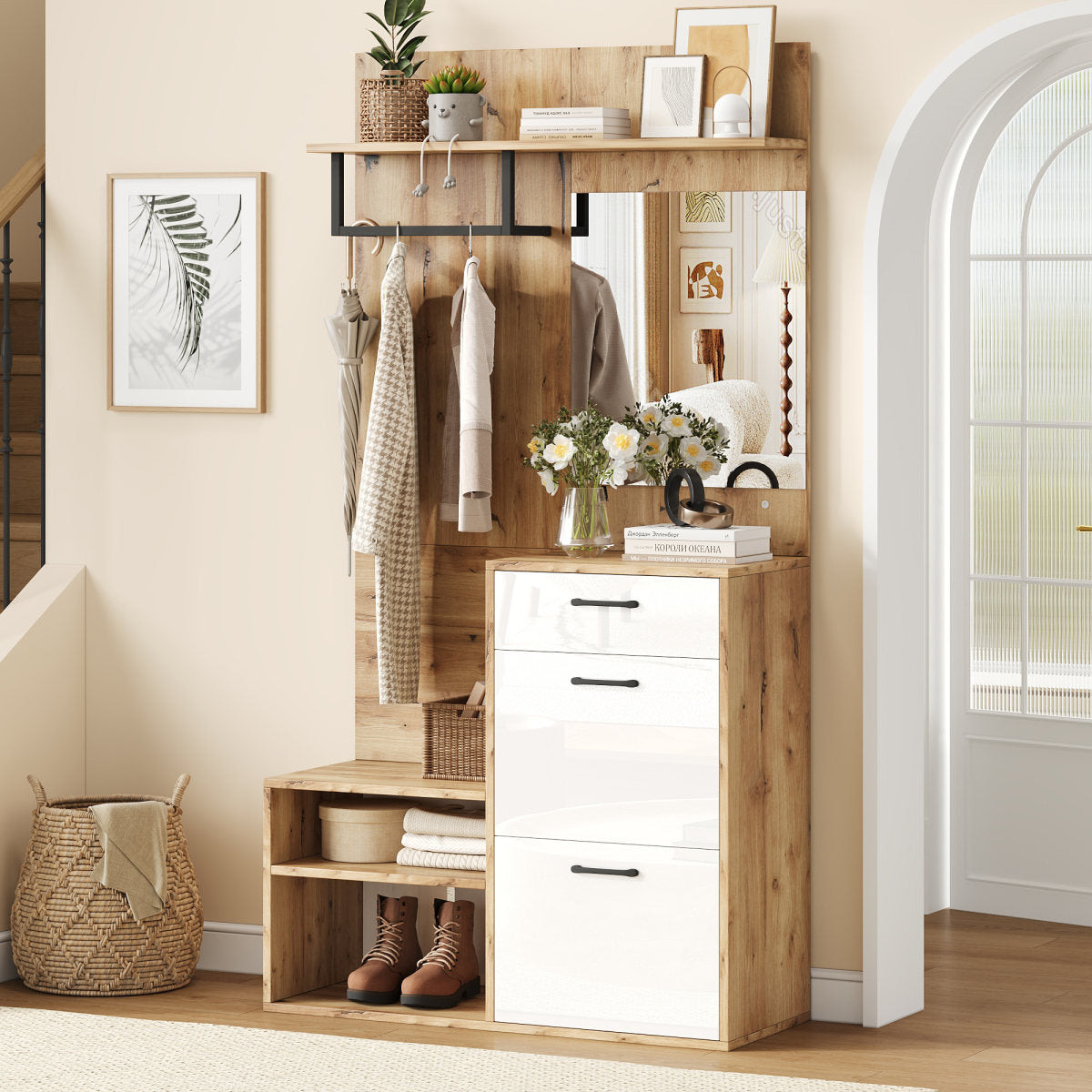 100X38.5X190cm Coat Rack Set With Mirror, Shoe Bench, Shoe Cabinet, Hallway Cabinet, Hanging Cabinet Shelf, Compact Coat Rack, With 1 Drawer And 2 Cabinets, Plenty Of Storage Space, White - Original W