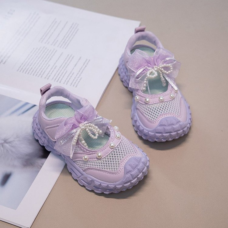 2026 New Summer Girls Hollow Single Mesh Sports Sandals, Fashion Versatile Dad Sneakers With Pearl Bow Decor Breathable Mesh Casual Shoes