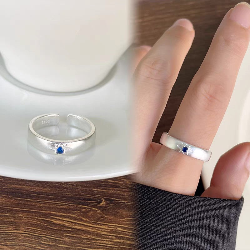 1pc 999 Sterling Silver Brushed Blue Zircon Band Ring, Retro & Elegant Style, Perfect For Daily, Dating & Gifting, Ideal Valentine's Gift