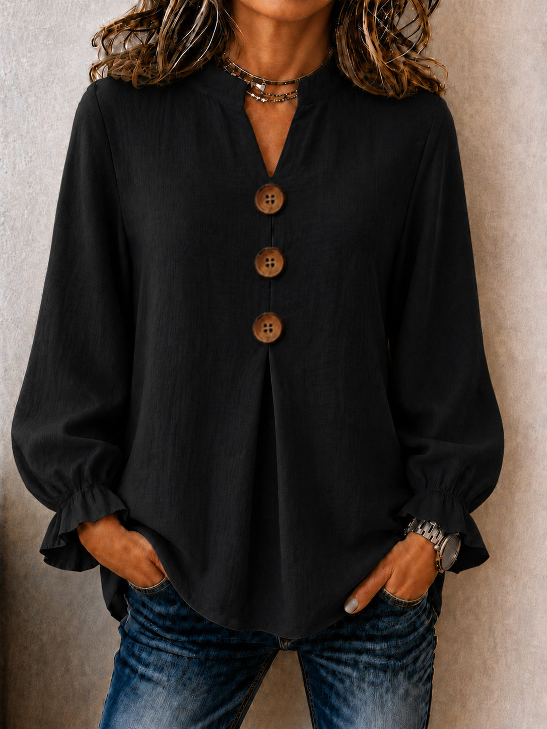 New Womens Fashion Long-sleeve V-neck Solid-color Button-up Top For Fall And Winter