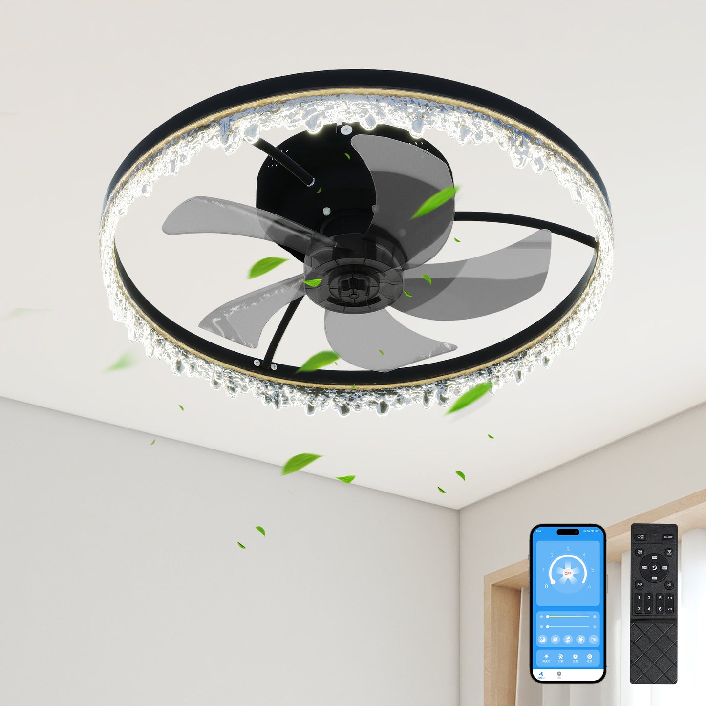 Smart Flush Mount Ceiling Fan With Light-20-inch Integrated LED Chandelier With 5 Invisible Blades, Remote Control & Timer, Dimmable Lighting, Ultra-Quiet Operation For Bedroom, Living Room, And Din